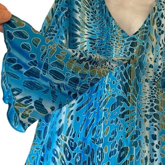 Diane Gilman NEW Silk Blouse Peacock Blue and Green V-Neck with Flutter Sleeve - Picture 3 of 9